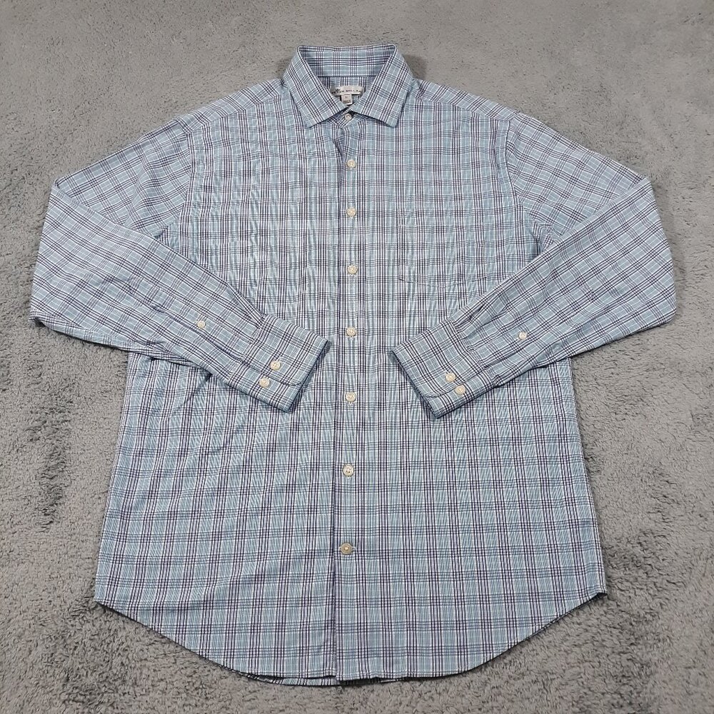 Peter Millar Button Up Shirt Mens Medium Performance Stretch Blue Nylon Spandex